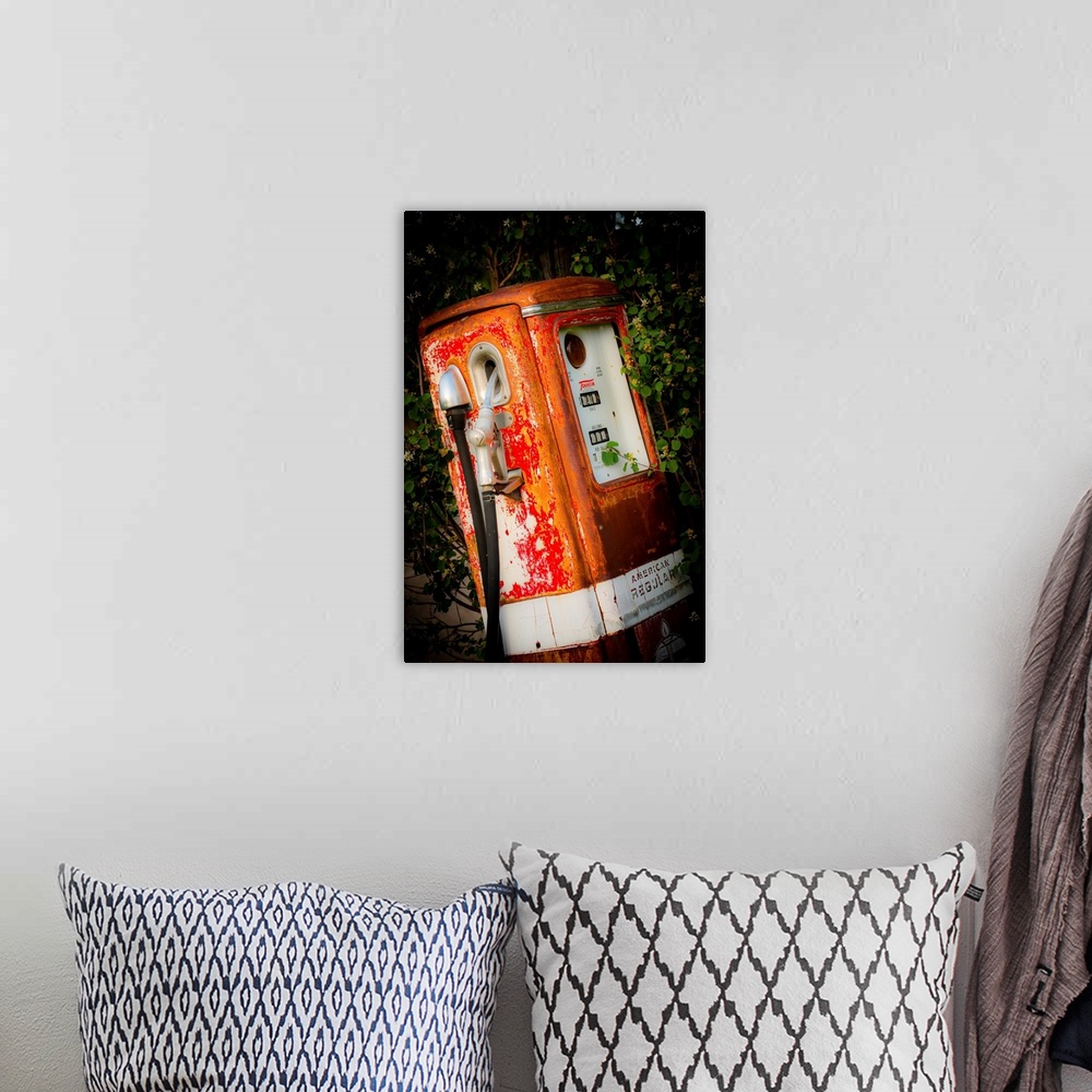 A bohemian room featuring Photograph of a vintage gas pump surrounded by green foliage.