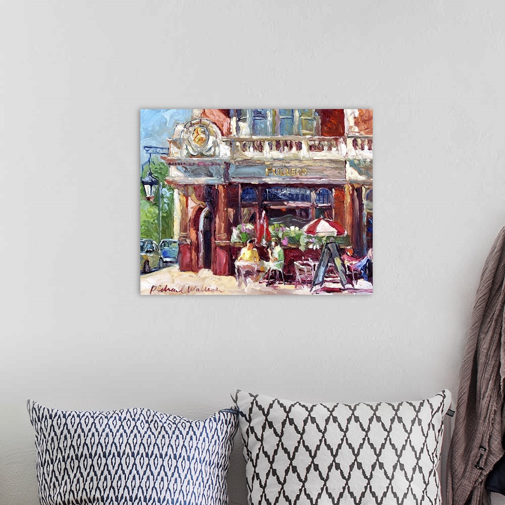 A bohemian room featuring Contemporary painting of a small restaurant with outdoor seating.