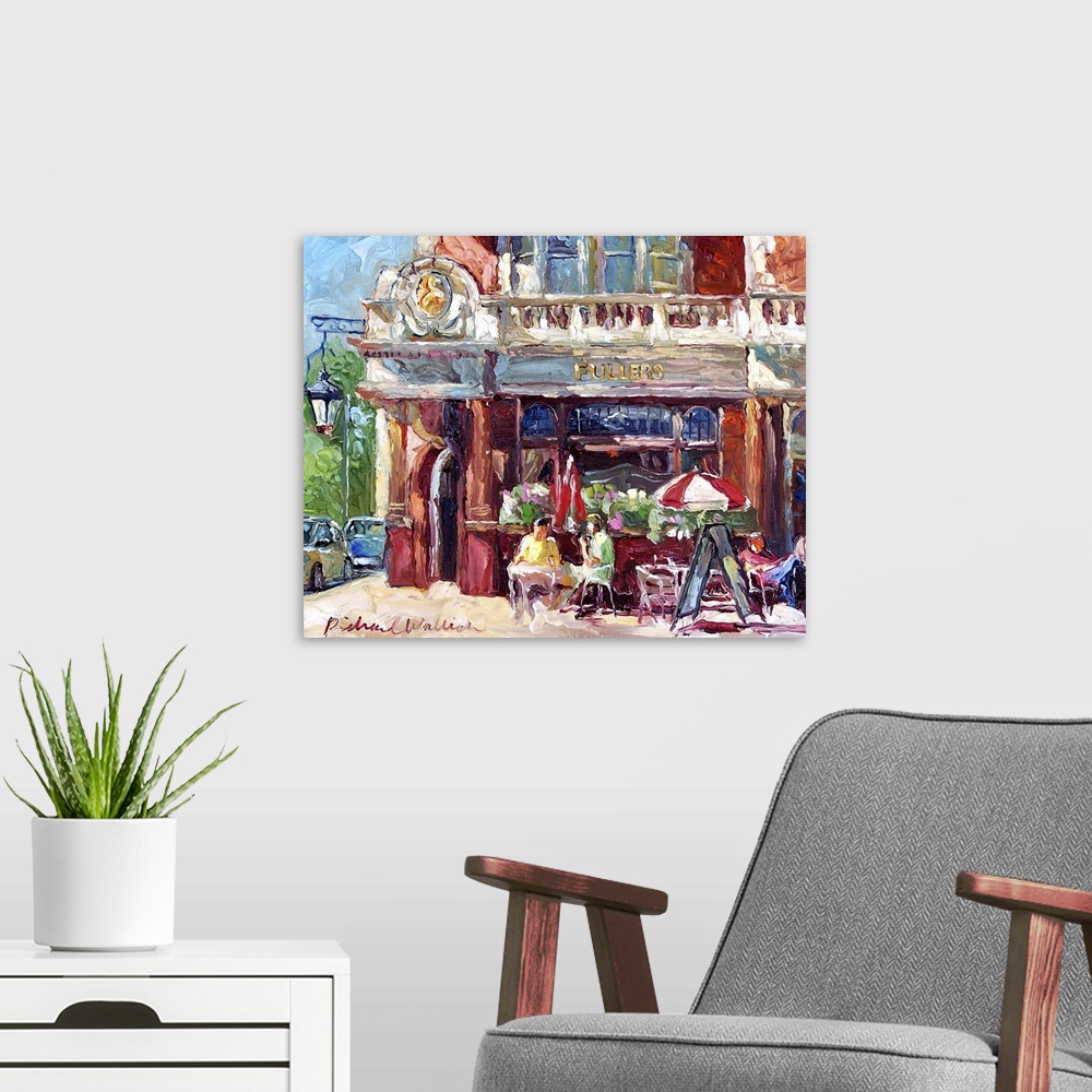 A modern room featuring Contemporary painting of a small restaurant with outdoor seating.