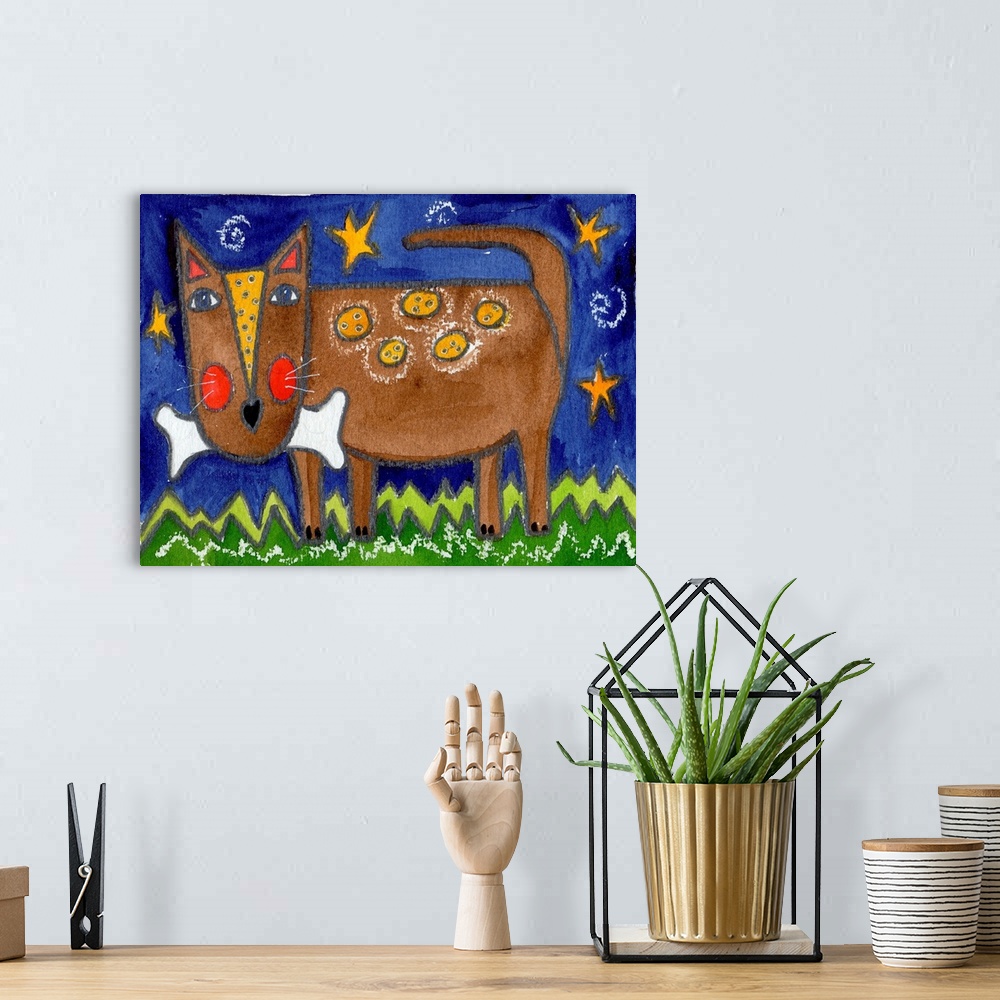A bohemian room featuring A brown dog holding a large bone under a starry sky.