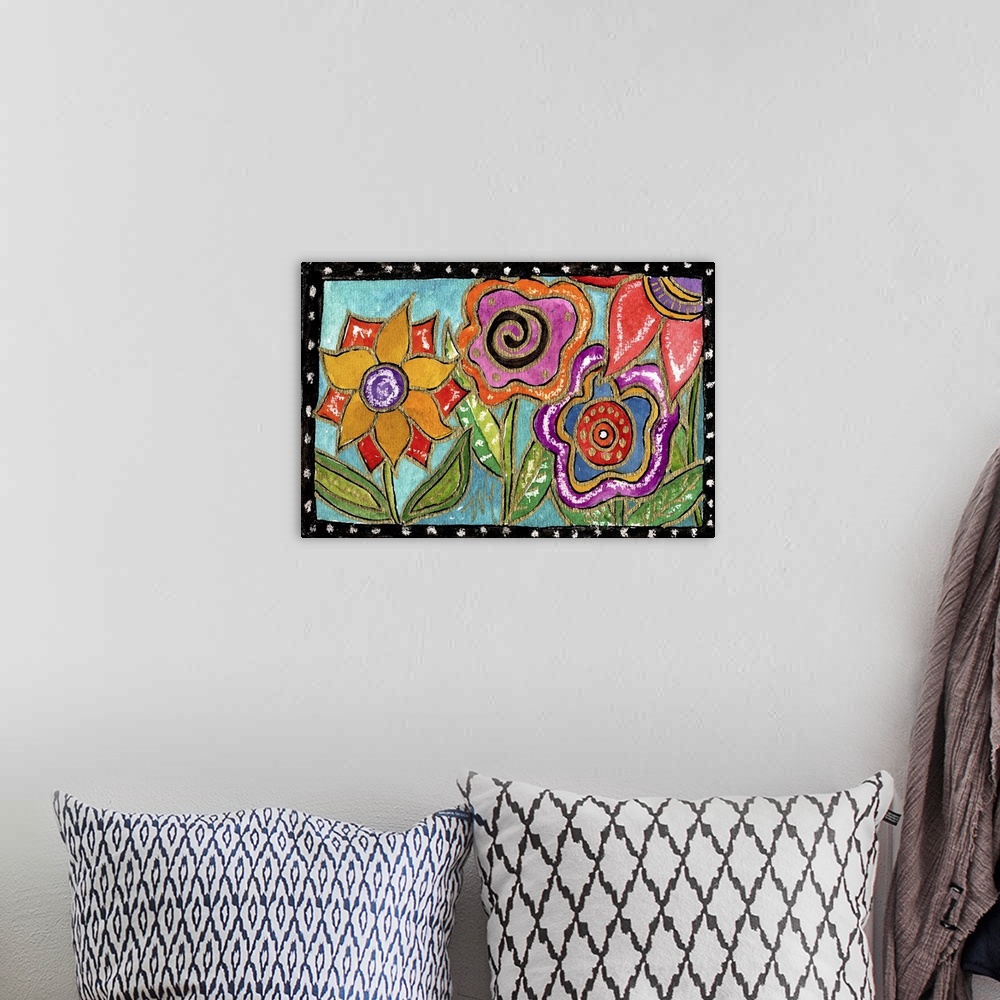 A bohemian room featuring Several colorful flowers with swirl patterns.