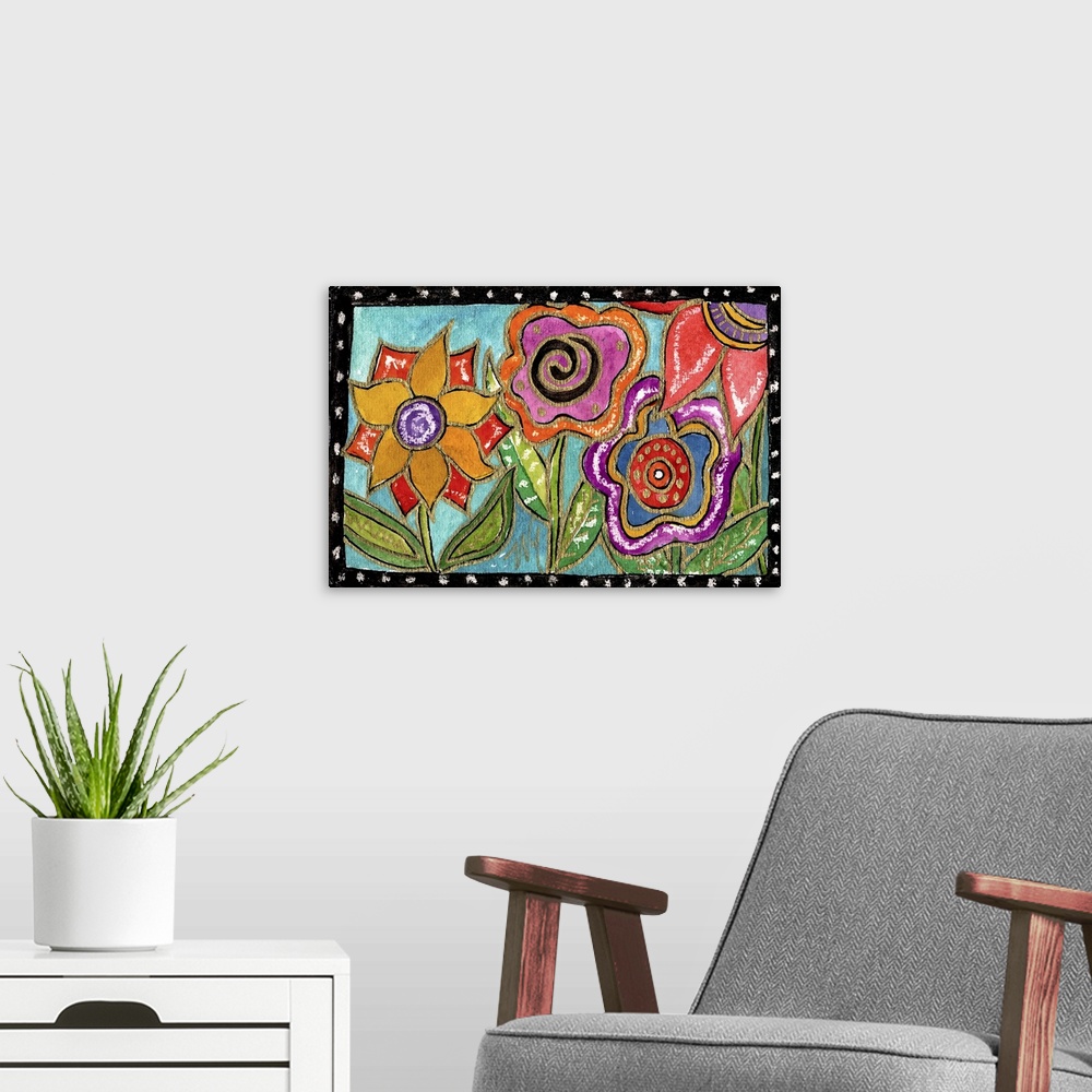 A modern room featuring Several colorful flowers with swirl patterns.
