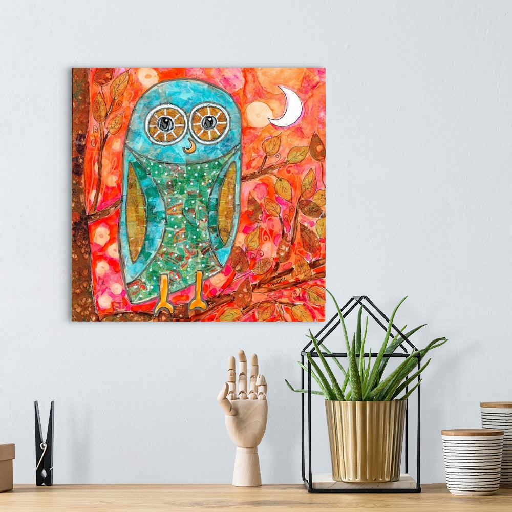 A bohemian room featuring A blue owl with big eyes sitting in a tree with the moon behind.