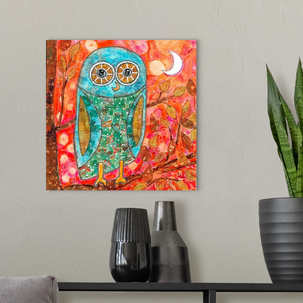 A modern room featuring A blue owl with big eyes sitting in a tree with the moon behind.