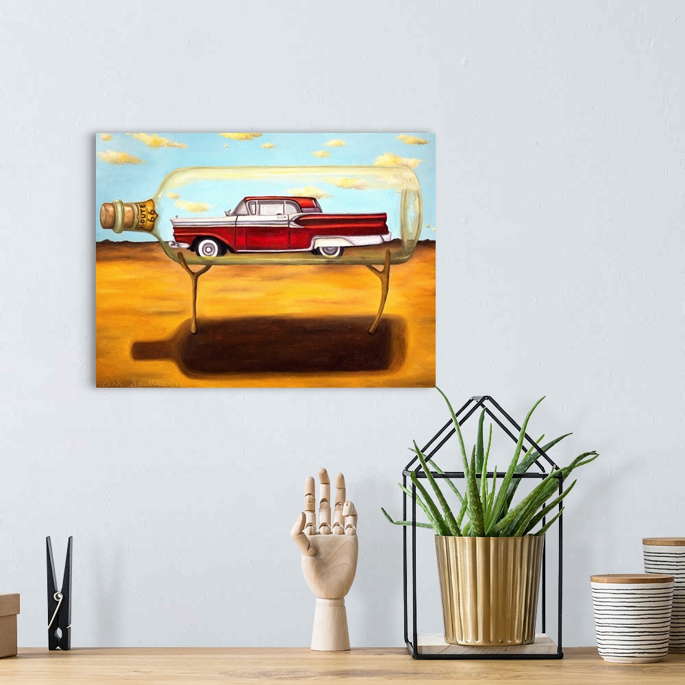 A bohemian room featuring Surrealist painting of a vintage car sitting inside of a giant glass bottle in a desert landscape.