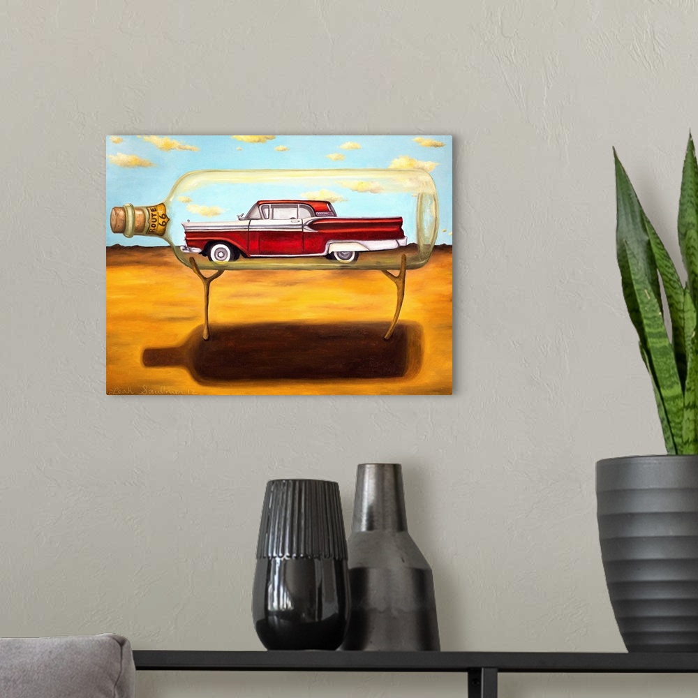 A modern room featuring Surrealist painting of a vintage car sitting inside of a giant glass bottle in a desert landscape.