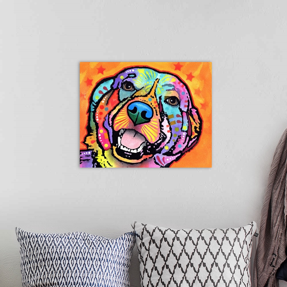 A bohemian room featuring Colorful painting of a happy dog with abstract markings on an orange background with 7 red stars.