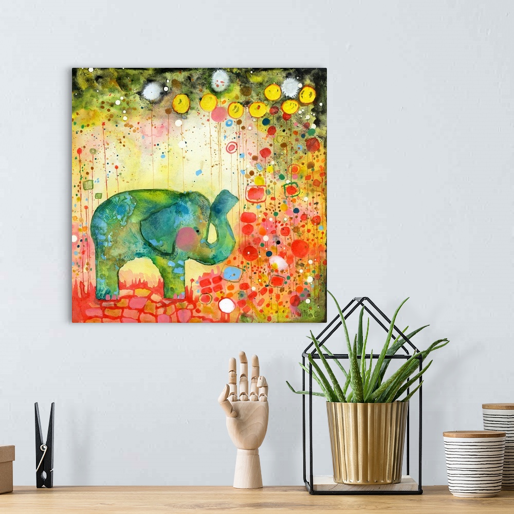 A bohemian room featuring A green watercolor elephant surrounded by colorful flowers.