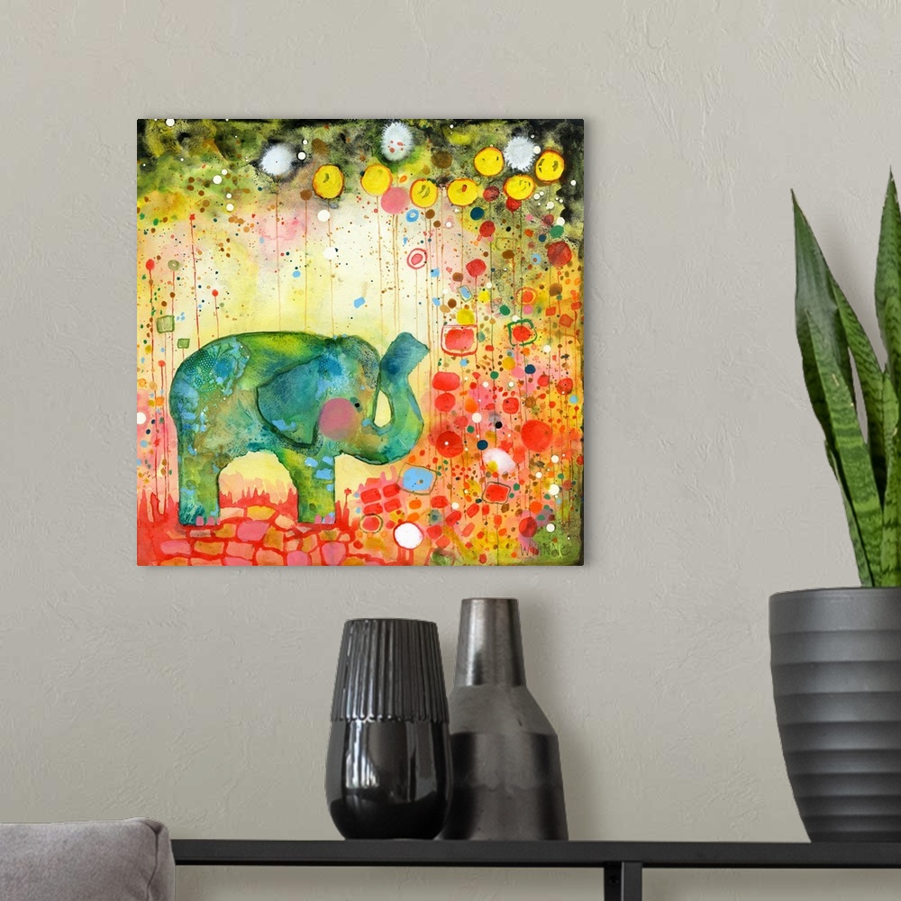 A modern room featuring A green watercolor elephant surrounded by colorful flowers.