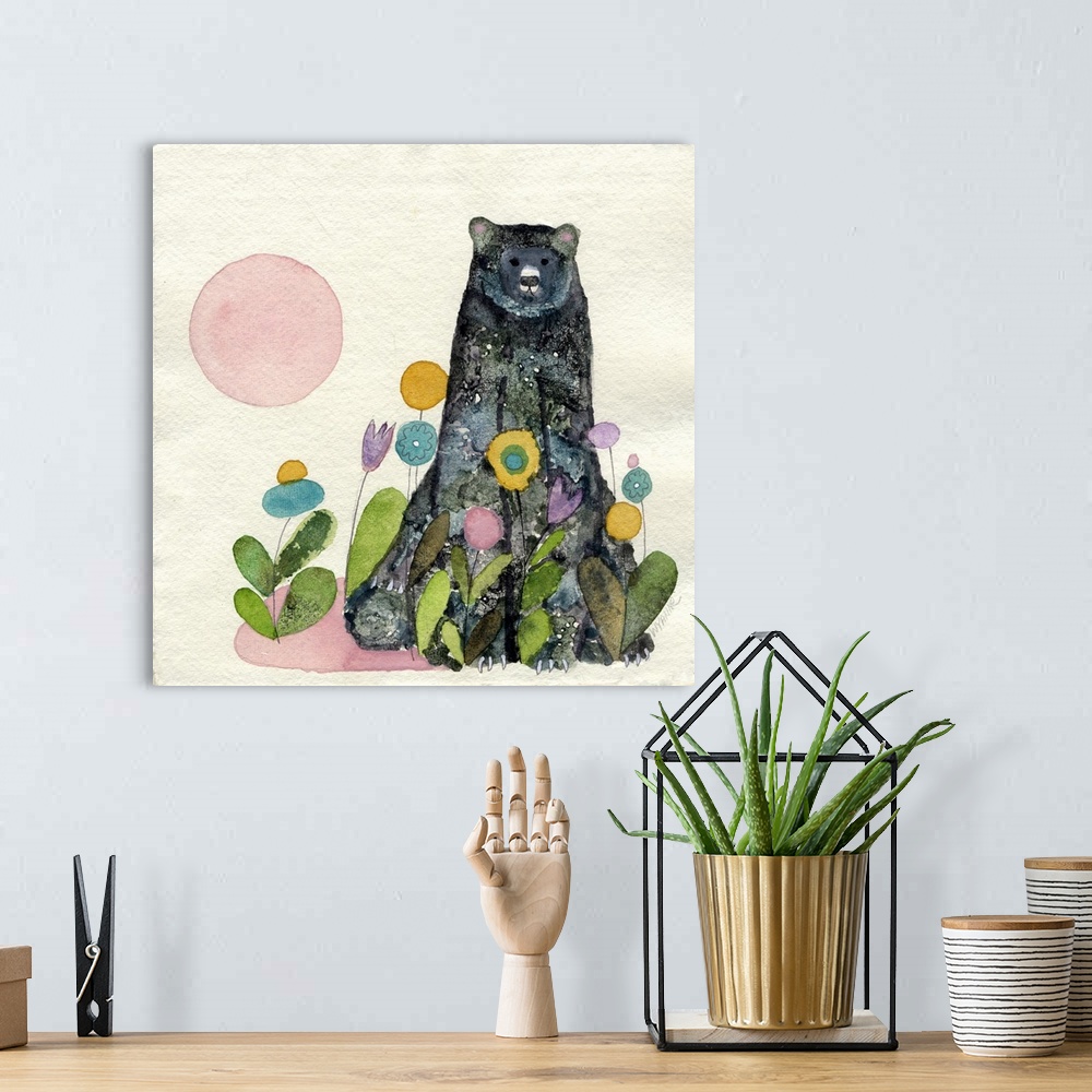 A bohemian room featuring A black bear sitting in flowers with a pink moon.