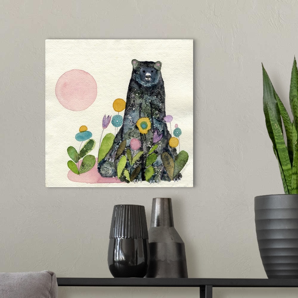 A modern room featuring A black bear sitting in flowers with a pink moon.