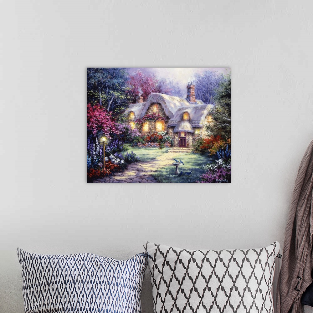 A bohemian room featuring Painting of a thatched cottage with glowing windows. Product is a painting reproduction only, and...