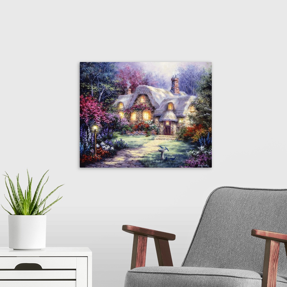 A modern room featuring Painting of a thatched cottage with glowing windows. Product is a painting reproduction only, and...