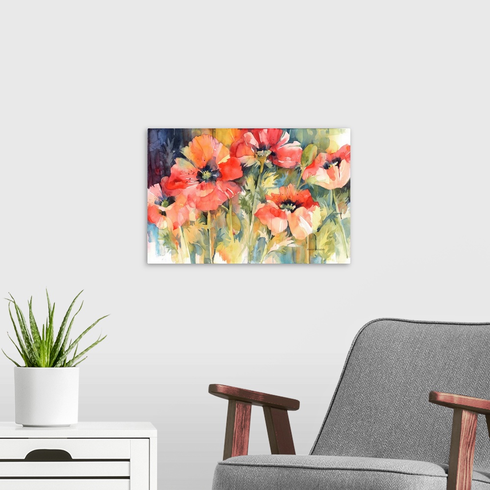 A modern room featuring Contemporary watercolor painting of a flower still-life.