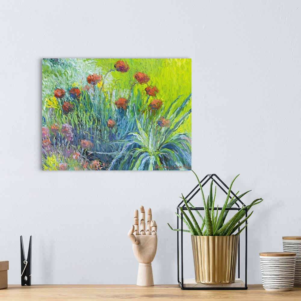 A bohemian room featuring Contemporary colorful painting of garden flowers.
