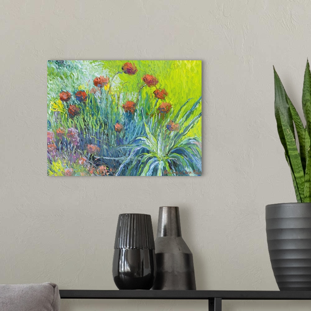 A modern room featuring Contemporary colorful painting of garden flowers.