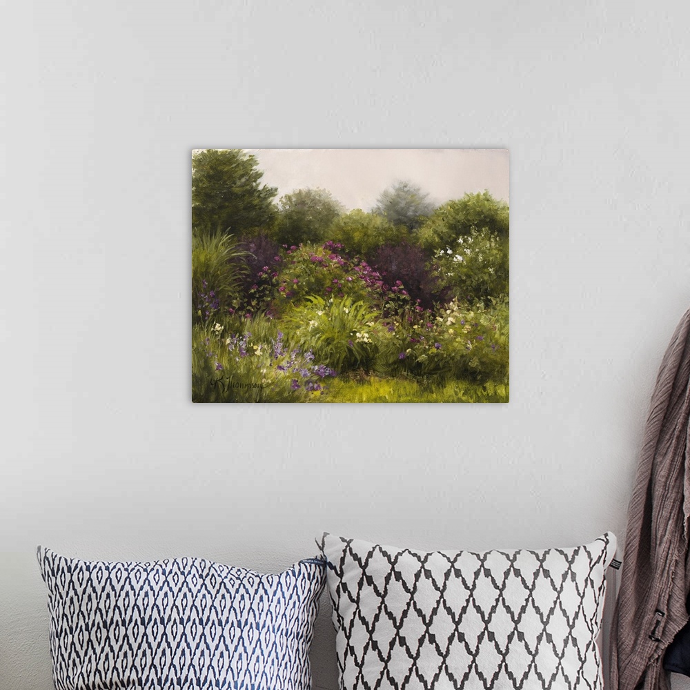 A bohemian room featuring Contemporary painting of an idyllic countryside scene with blossoming flowers.