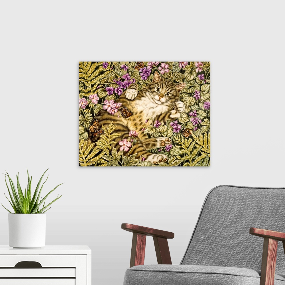 A modern room featuring Domestic tiger cat lays on its back in a bed of ferns and flowers batting at butterflies.