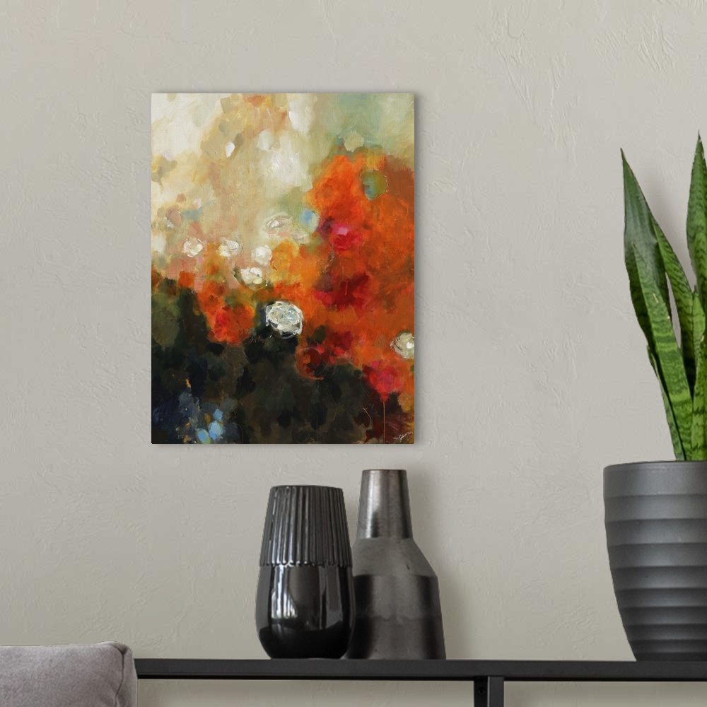A modern room featuring Abstract painting of white flowers on an orange and black background.