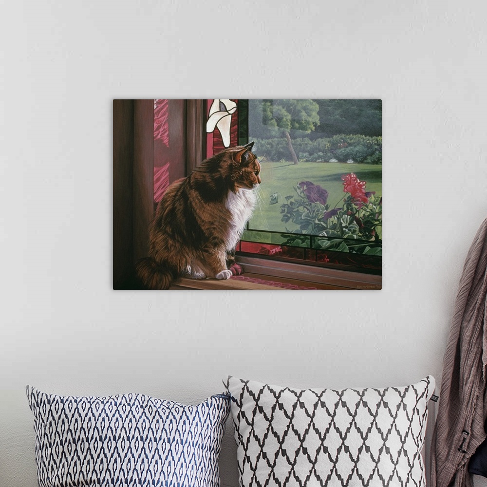 A bohemian room featuring A cat sitting on a window sill looking out over the garden.
