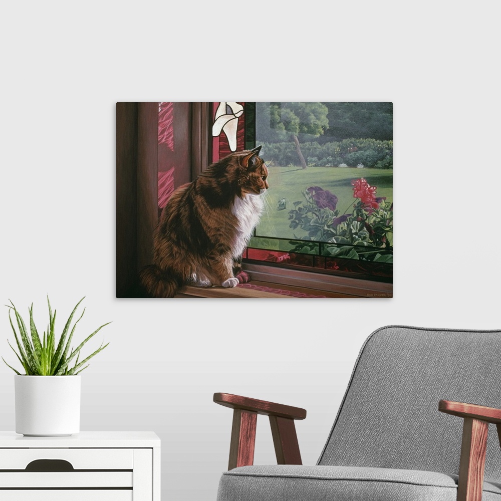 A modern room featuring A cat sitting on a window sill looking out over the garden.