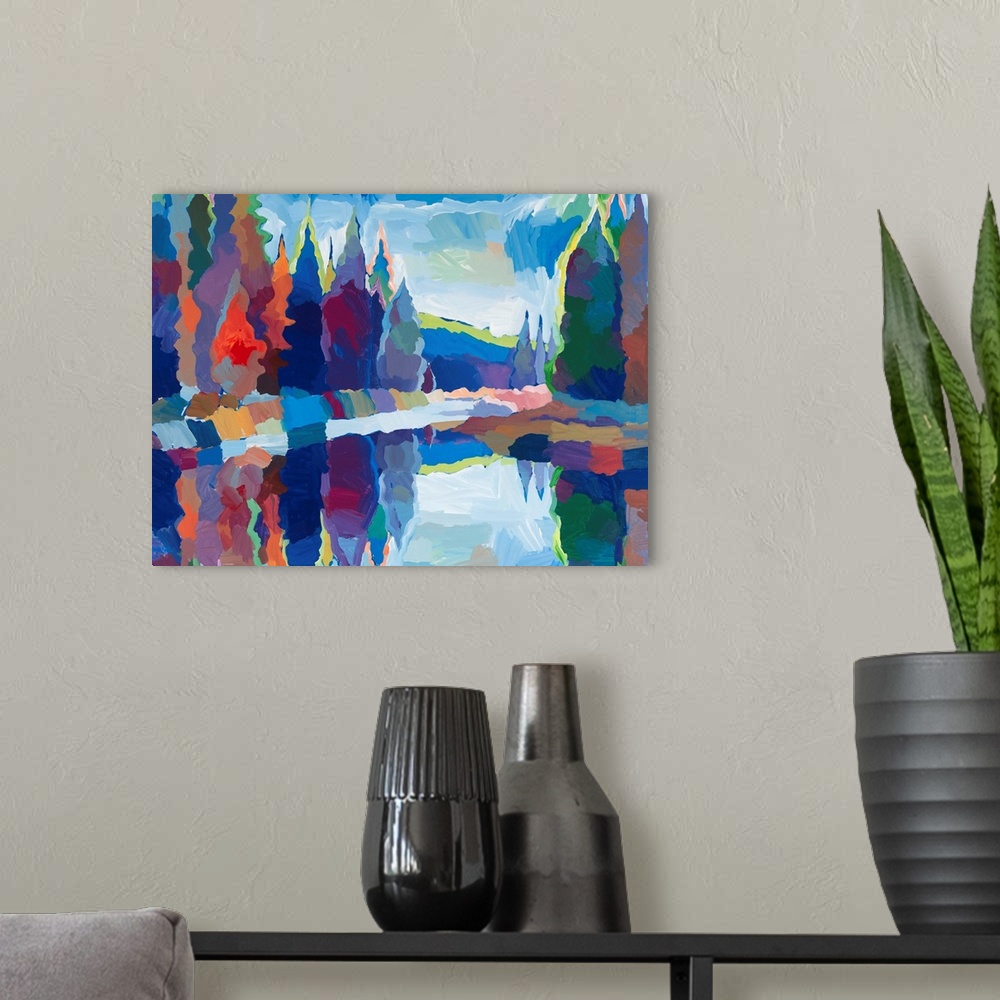A modern room featuring Colorful abstract landscape with trees and mountains reflecting into the lake in the foreground.