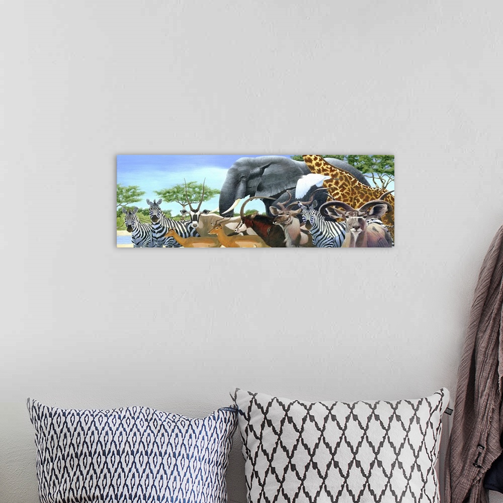 A bohemian room featuring Contemporary painting of a gathering of African animals at a watering hole.