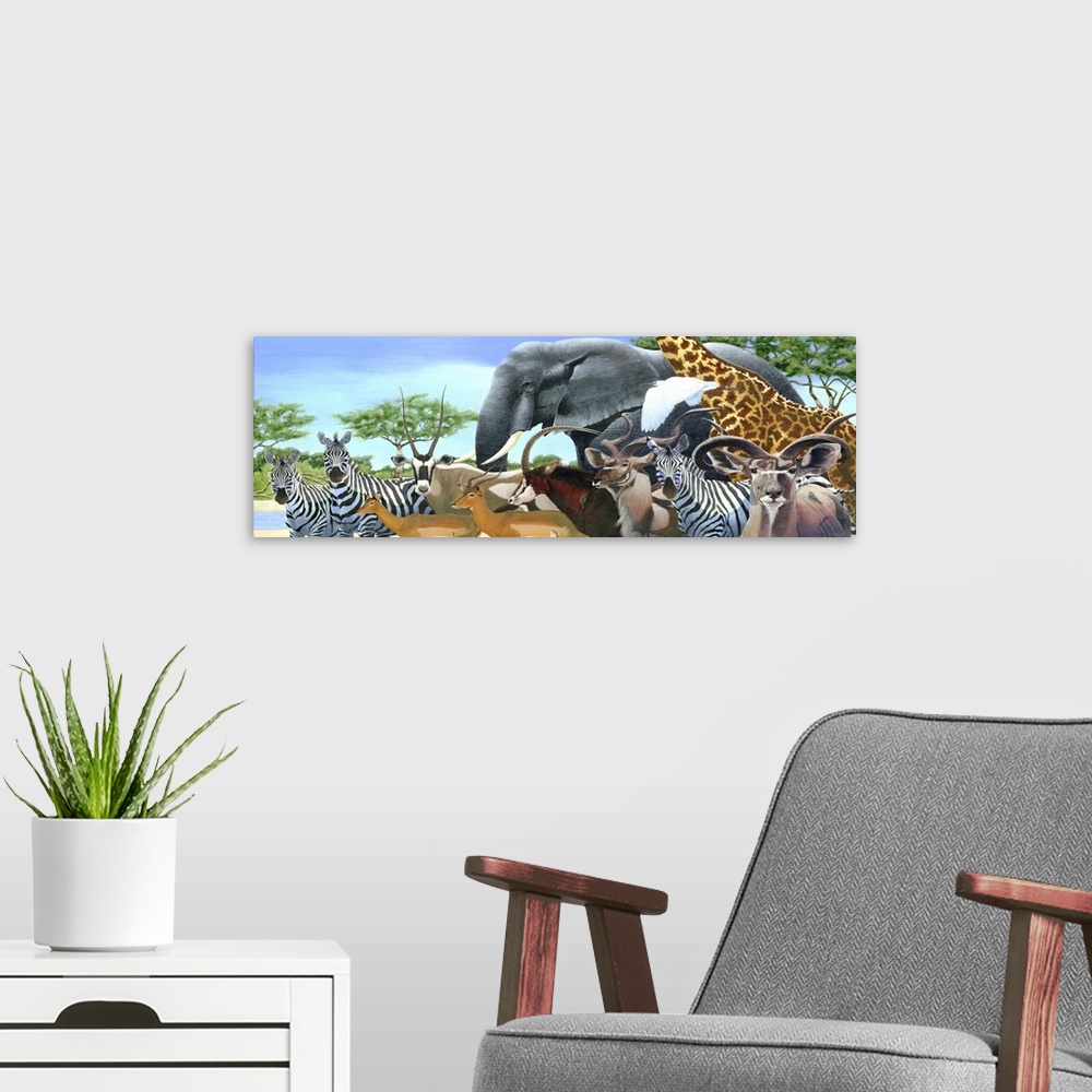 A modern room featuring Contemporary painting of a gathering of African animals at a watering hole.