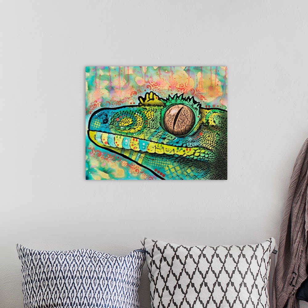 A bohemian room featuring Blue, yellow, and green painting of a gecko with abstract designs on a background with similar co...