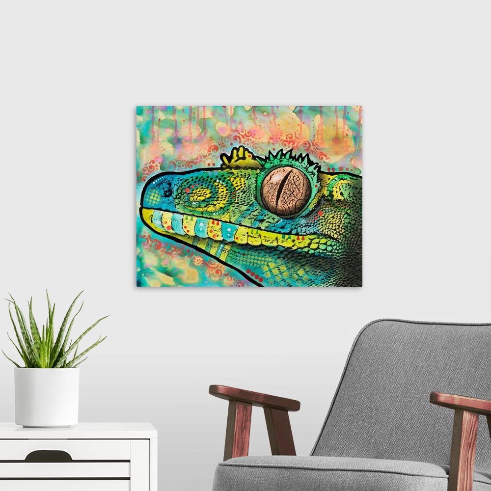 A modern room featuring Blue, yellow, and green painting of a gecko with abstract designs on a background with similar co...