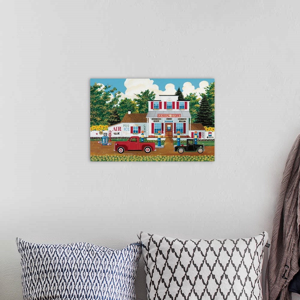 A bohemian room featuring Contemporary Americana painting of a red pick-up truck parked outside of a country general store.