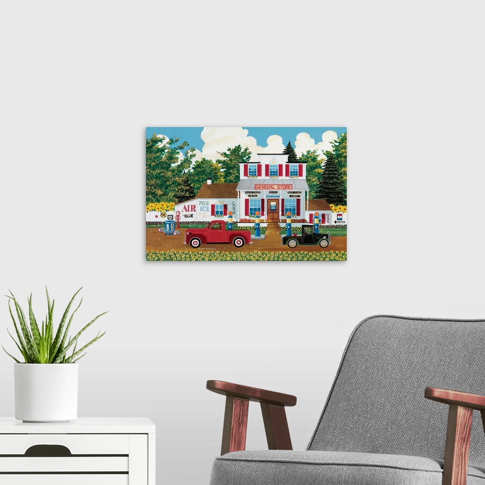 A modern room featuring Contemporary Americana painting of a red pick-up truck parked outside of a country general store.