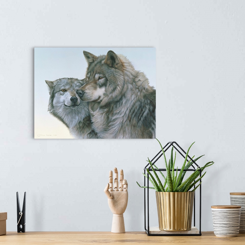 A bohemian room featuring A wolf couple nuzzling, with a pale sky behind.