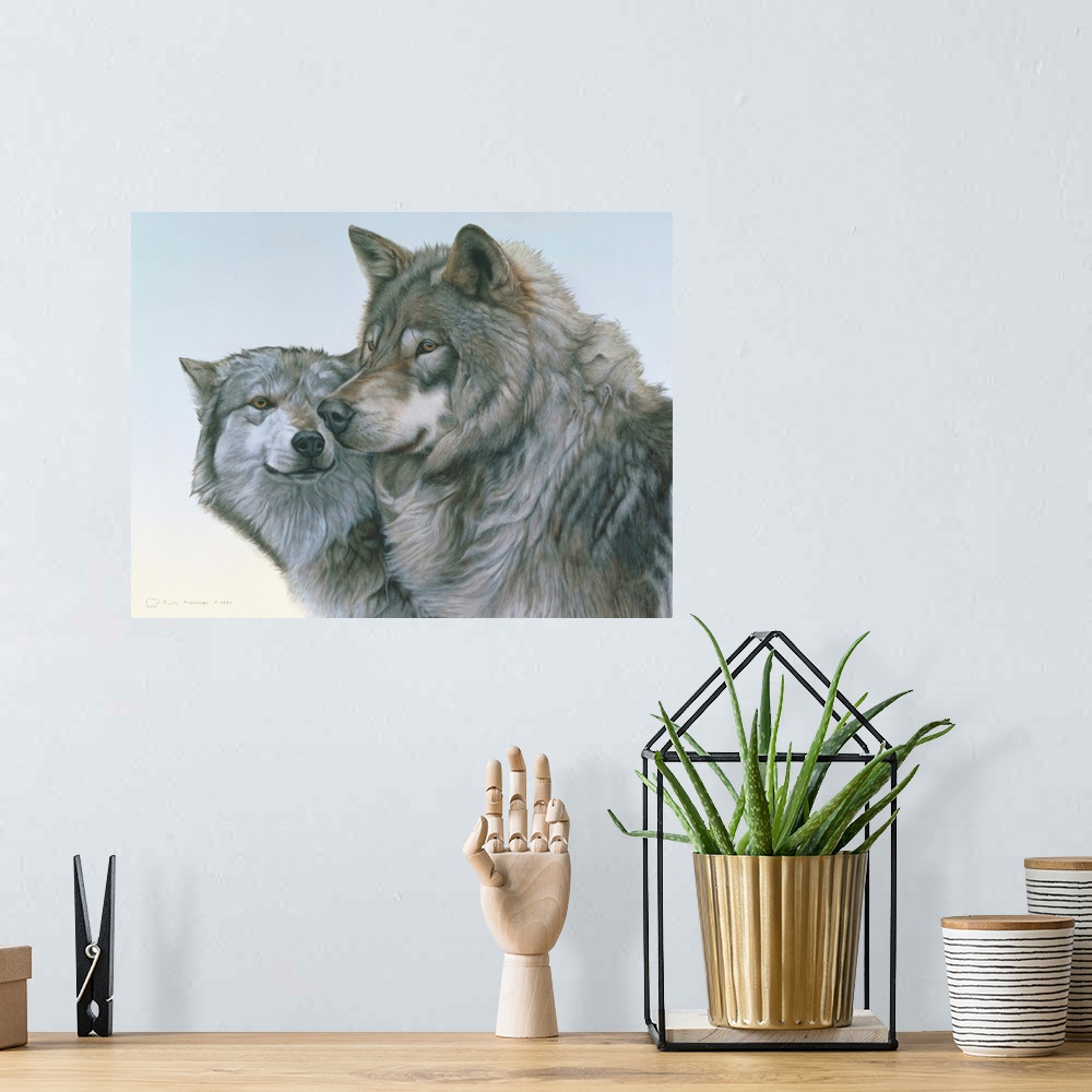 A bohemian room featuring A wolf couple nuzzling, with a pale sky behind.