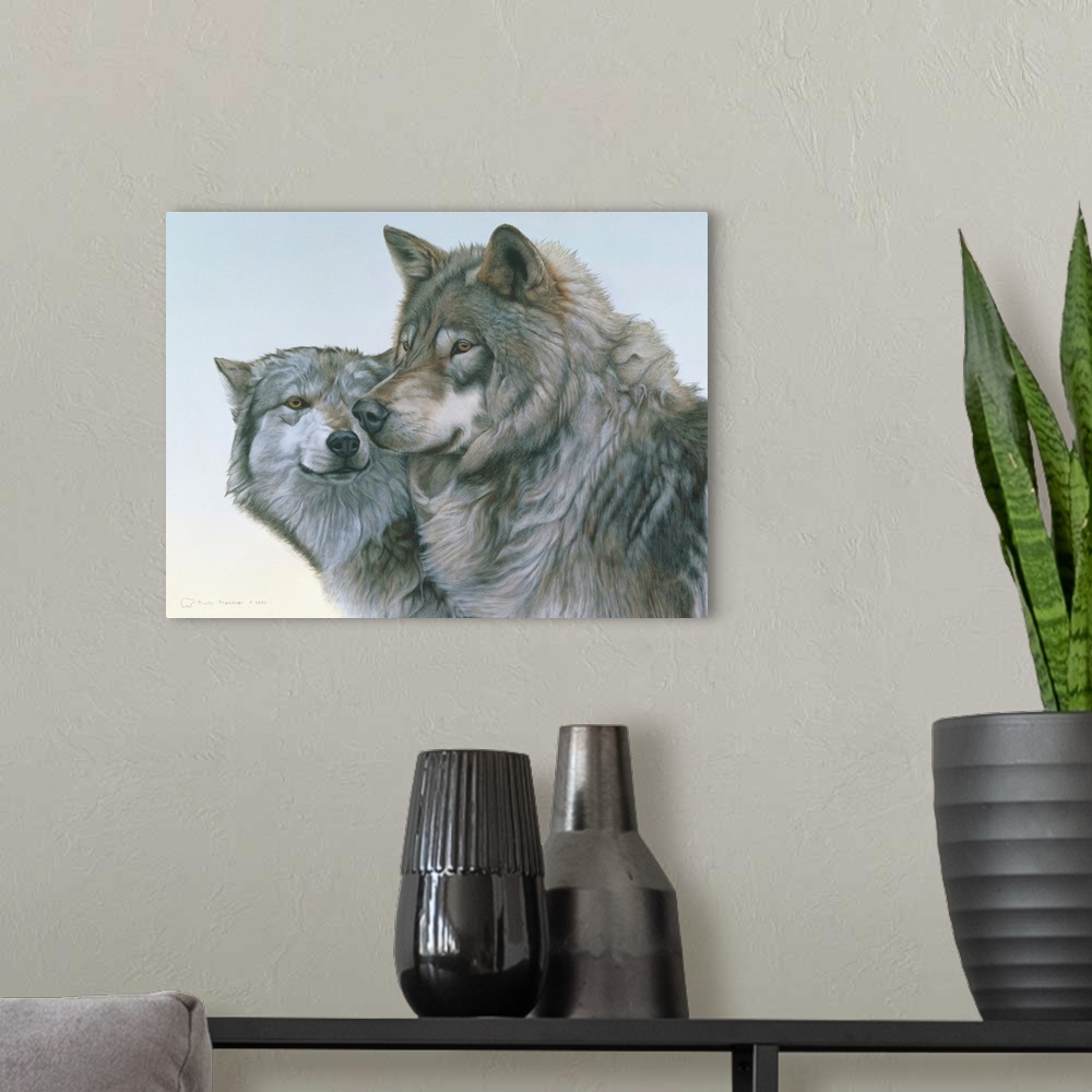 A modern room featuring A wolf couple nuzzling, with a pale sky behind.