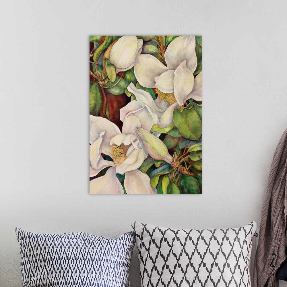 A bohemian room featuring Colorful contemporary painting of off white magnolias.