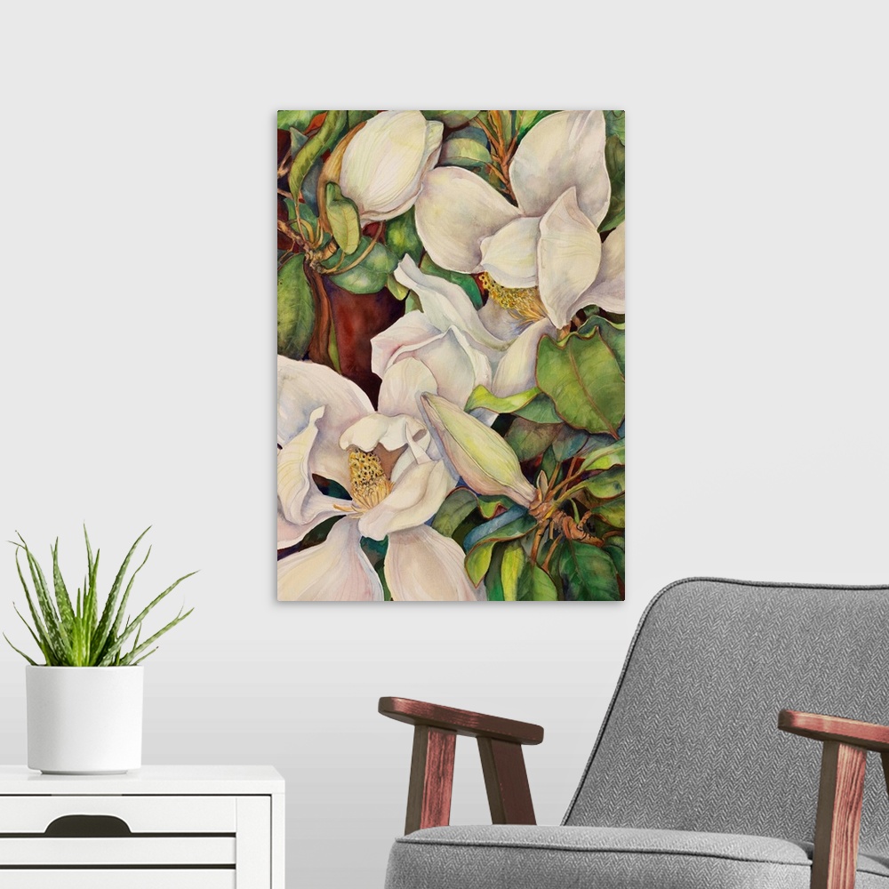 A modern room featuring Colorful contemporary painting of off white magnolias.