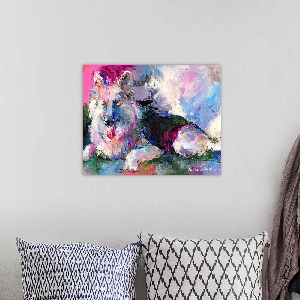 A bohemian room featuring Colorful abstract portrait of a German Shepherd laying down with its tongue hanging out.
