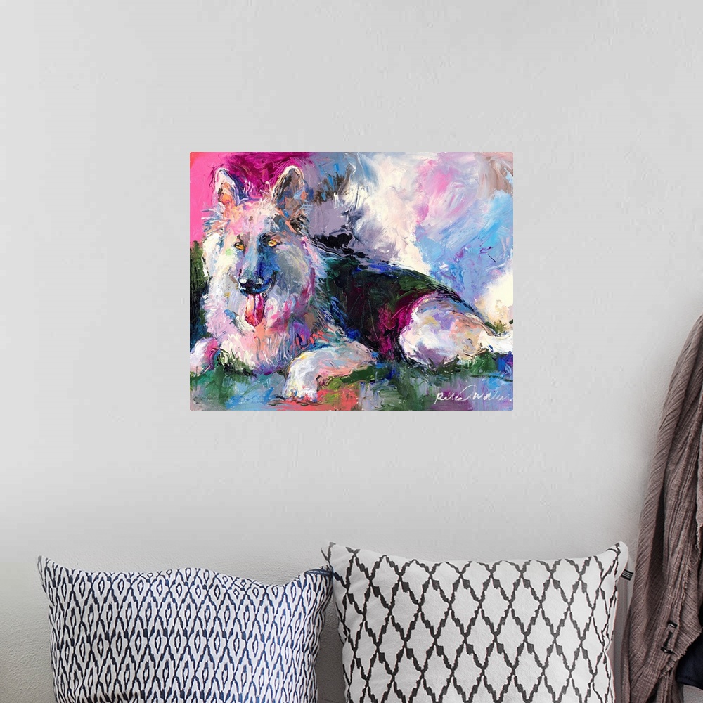 A bohemian room featuring Colorful abstract portrait of a German Shepherd laying down with its tongue hanging out.