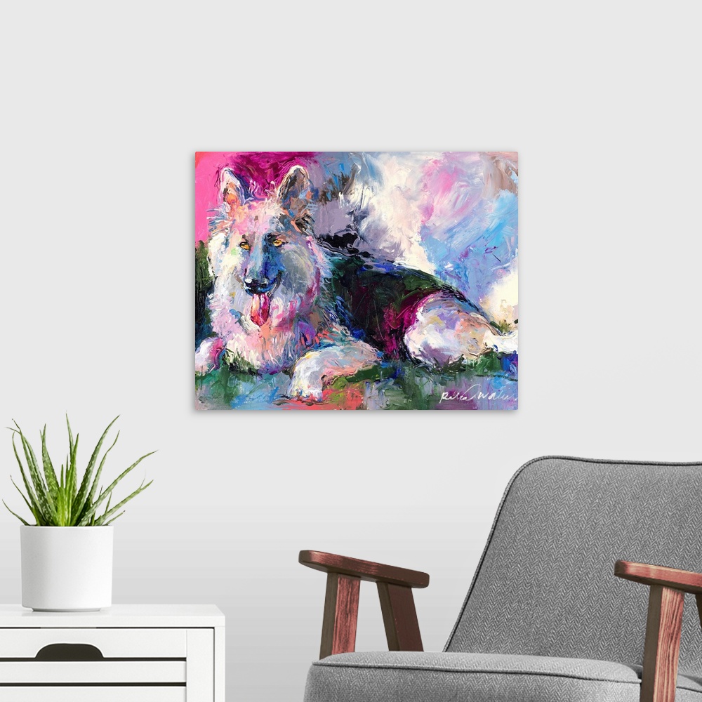 A modern room featuring Colorful abstract portrait of a German Shepherd laying down with its tongue hanging out.