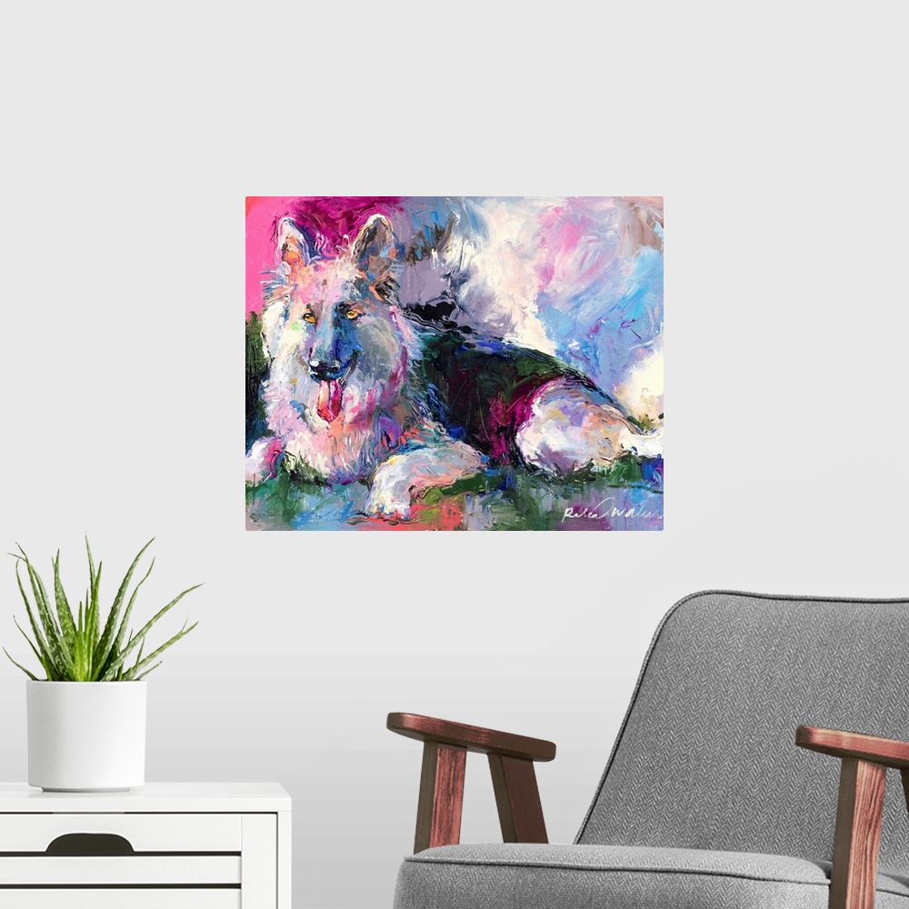 A modern room featuring Colorful abstract portrait of a German Shepherd laying down with its tongue hanging out.