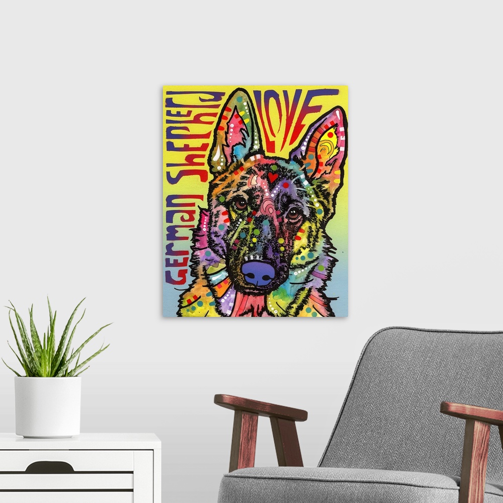 A modern room featuring "German Shepherd Love" written around a colorful painting of a German Shepherd with abstract mark...
