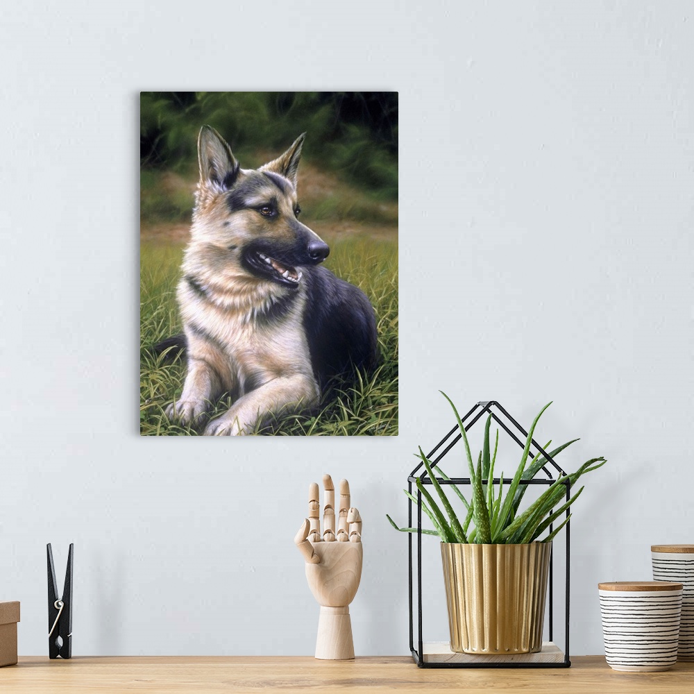 A bohemian room featuring Contemporary painting of a german shepherd dog laying in the grass.