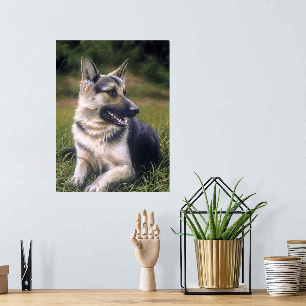 A bohemian room featuring Contemporary painting of a german shepherd dog laying in the grass.