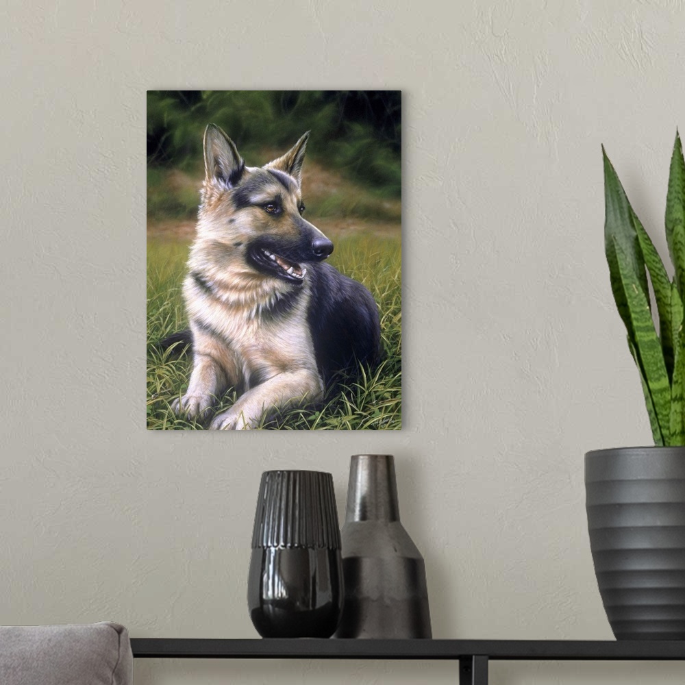 A modern room featuring Contemporary painting of a german shepherd dog laying in the grass.