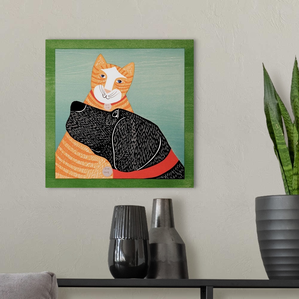 A modern room featuring Illustration of a black lab and an orange striped cat wearing tags that read "Get Love" and "Give...
