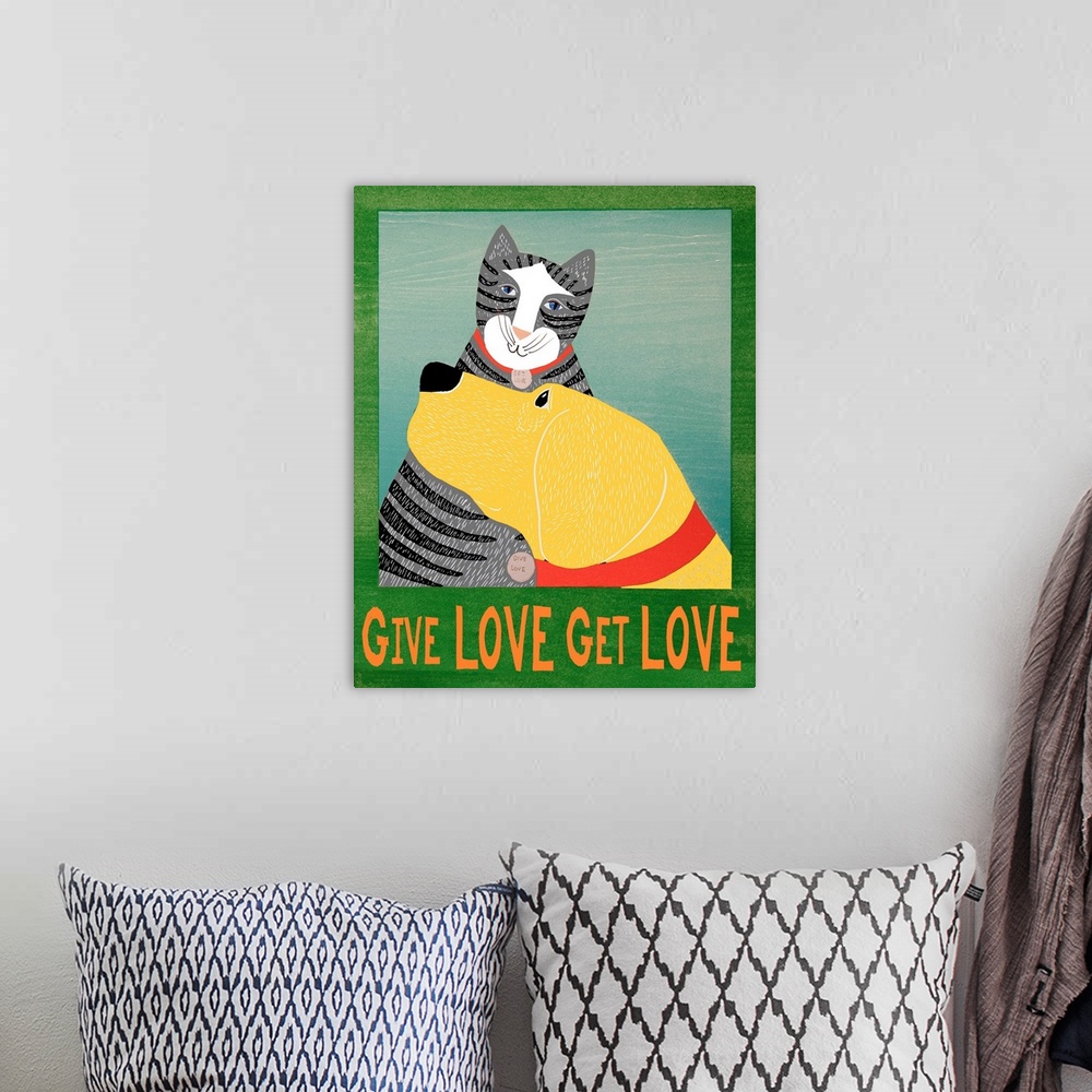 A bohemian room featuring Get Love Give Love Banner Yellow dog and grey cat