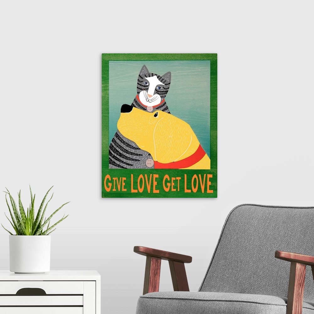 A modern room featuring Get Love Give Love Banner Yellow dog and grey cat