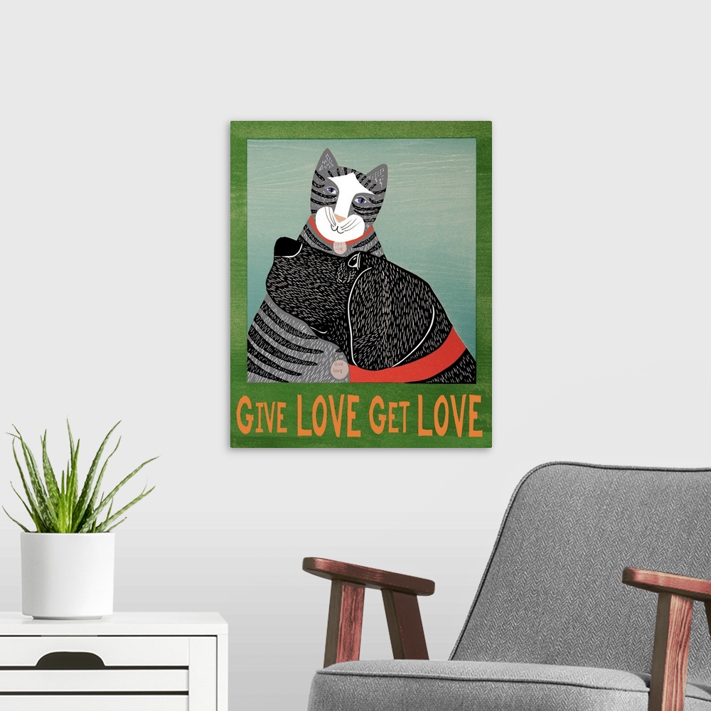 A modern room featuring Illustration of a cat and dog snuggling each other with the phrase "Give Love Get Love" written o...