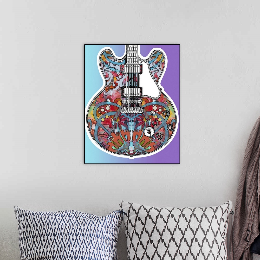 A bohemian room featuring Gibson ES-335